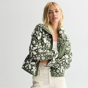 Daisy Teddy Jacket Zip Up Fleece Olive Green Off White Flowers Womens Size Large